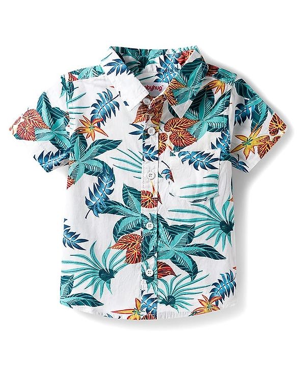 ToffyHouse Cotton Woven Half Sleeves Shirt & Denim Shorts Set with Tropical Theme Print - Blue