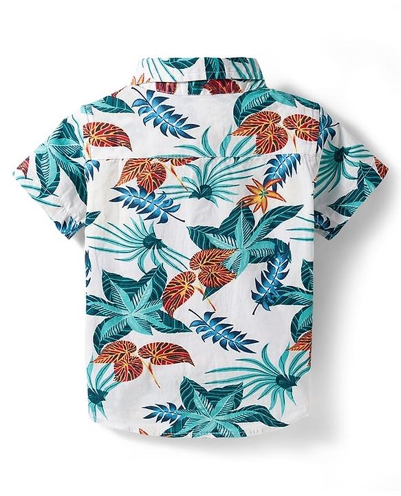 ToffyHouse Cotton Woven Half Sleeves Shirt & Denim Shorts Set with Tropical Theme Print - Blue