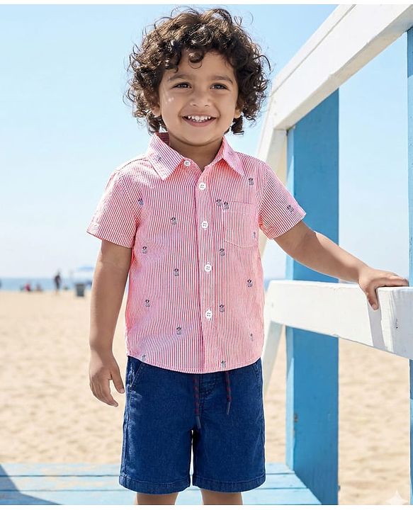 Babyhug Cotton Woven Half Sleeves Striped Shirt & Denim Shorts Set With Watermelon Print - Orange & Blue