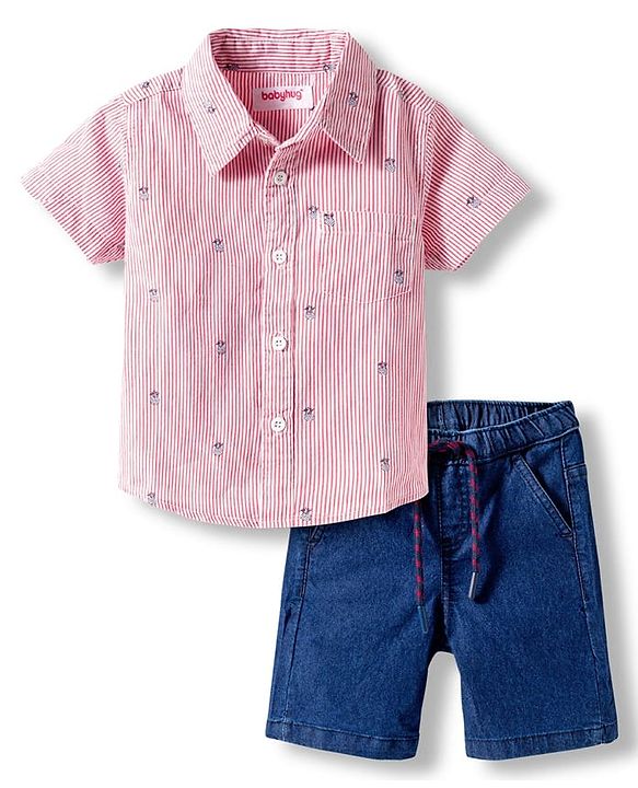 Babyhug Cotton Woven Half Sleeves Striped Shirt & Denim Shorts Set With Watermelon Print - Orange & Blue