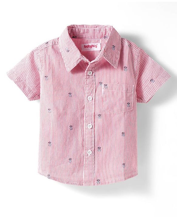 Babyhug Cotton Woven Half Sleeves Striped Shirt & Denim Shorts Set With Watermelon Print - Orange & Blue