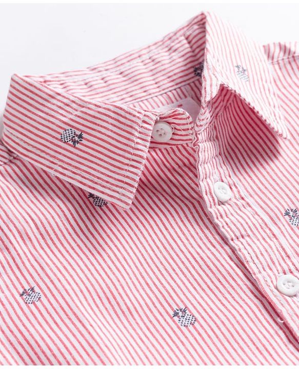 Babyhug Cotton Woven Half Sleeves Striped Shirt & Denim Shorts Set With Watermelon Print - Orange & Blue