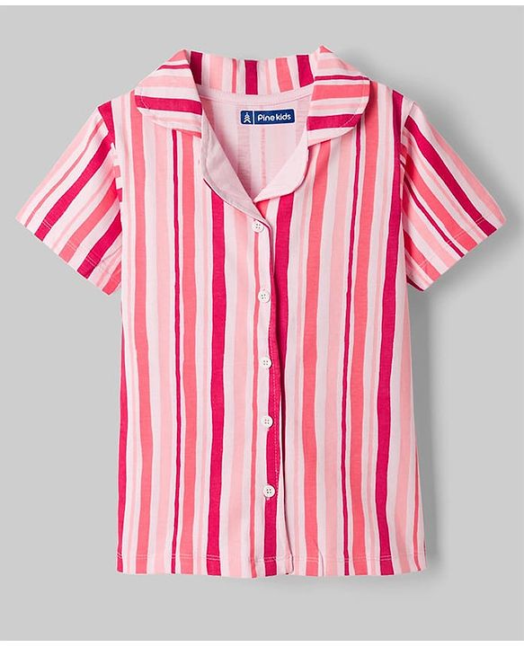 Pine Kids Cotton Knit Half Sleeves Striped Co-Ord Shirt & Capri Night Suit - Pink