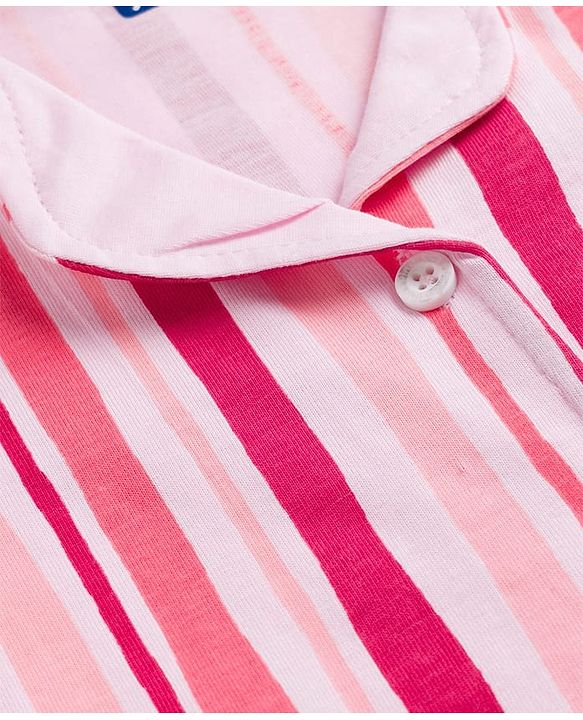 Pine Kids Cotton Knit Half Sleeves Striped Co-Ord Shirt & Capri Night Suit - Pink
