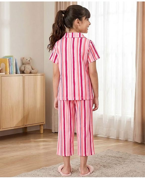 Pine Kids Cotton Knit Half Sleeves Striped Co-Ord Shirt & Capri Night Suit - Pink