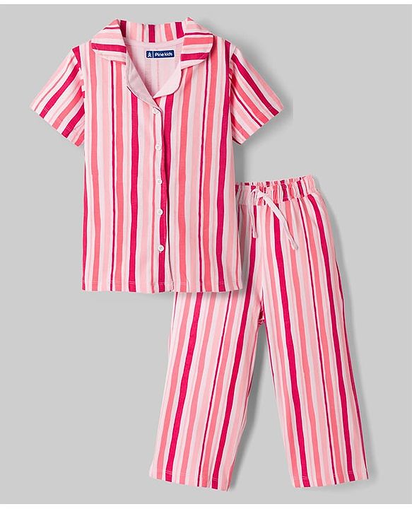 Pine Kids Cotton Knit Half Sleeves Striped Co-Ord Shirt & Capri Night Suit - Pink