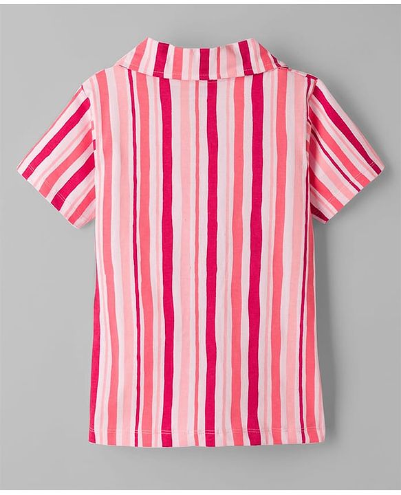 Pine Kids Cotton Knit Half Sleeves Striped Co-Ord Shirt & Capri Night Suit - Pink