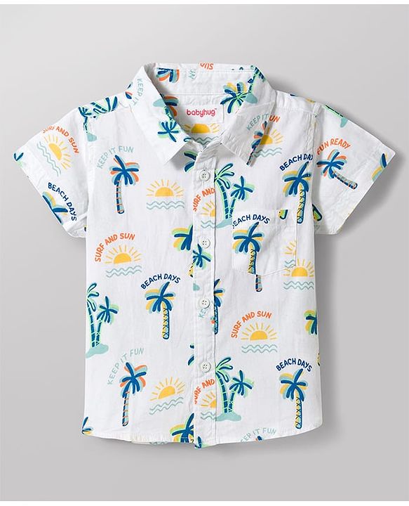 Babyhug Cotton Woven Half Sleeves Shirt & Denim Shorts Set with Beach Theme Print - Blue