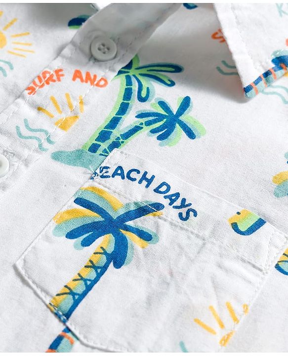 Babyhug Cotton Woven Half Sleeves Shirt & Denim Shorts Set with Beach Theme Print - Blue