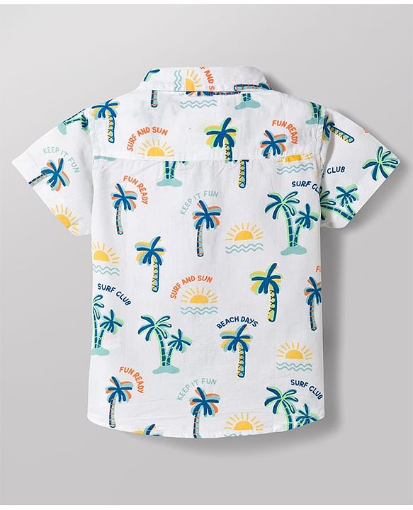 Babyhug Cotton Woven Half Sleeves Shirt & Denim Shorts Set with Beach Theme Print - Blue