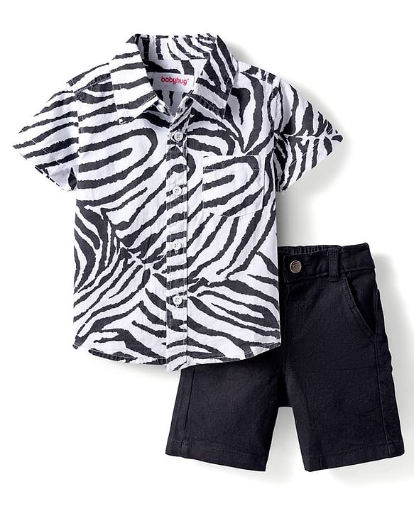 Babyhug Cotton Woven Half Sleeves Printed Shirt & Denim Shorts Set - Multicolor