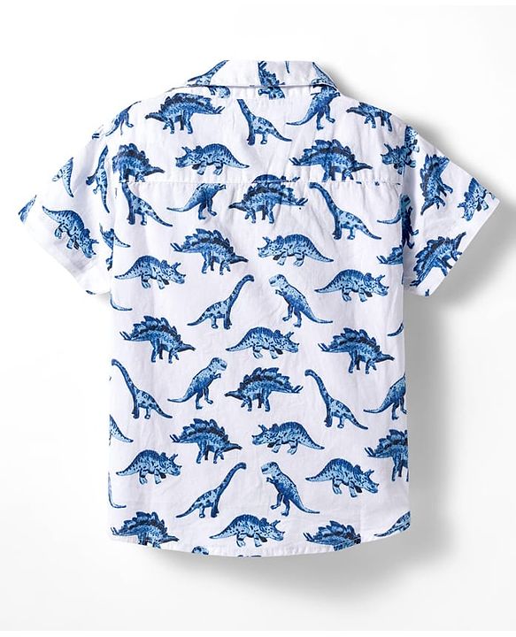 Babyhug Cotton Woven Half Sleeves Shirt & Denim Shorts Set With Dino Print - Multicolor