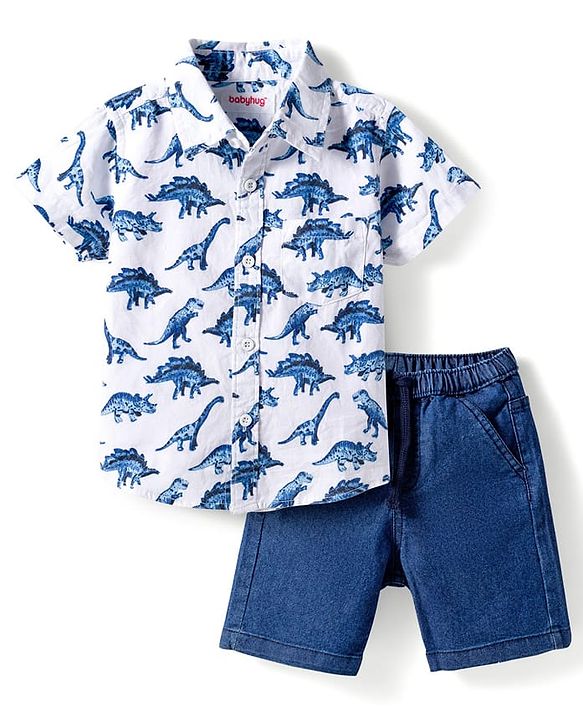 Babyhug Cotton Woven Half Sleeves Shirt & Denim Shorts Set With Dino Print - Multicolor