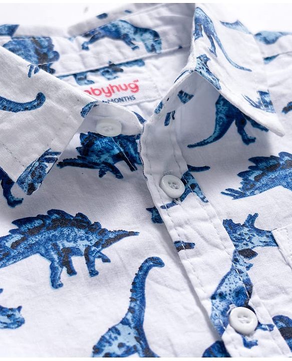 Babyhug Cotton Woven Half Sleeves Shirt & Denim Shorts Set With Dino Print - Multicolor