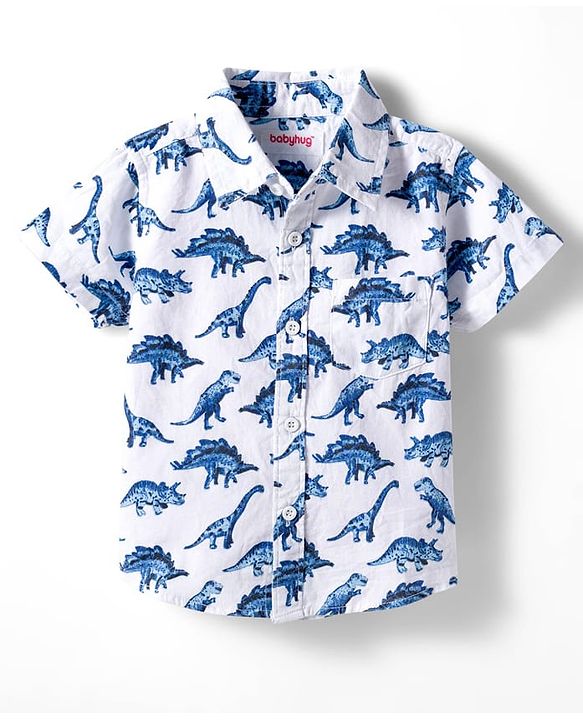 Babyhug Cotton Woven Half Sleeves Shirt & Denim Shorts Set With Dino Print - Multicolor