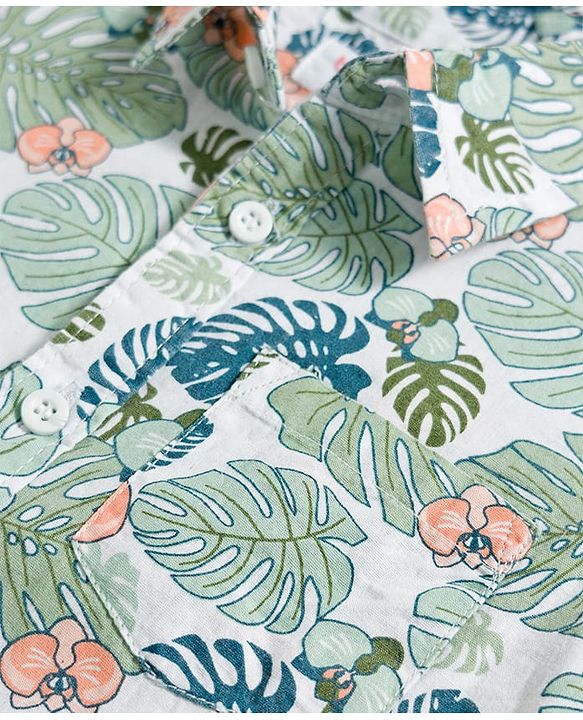 Babyhug Cotton Woven Half Sleeves Shirt & Denim Shorts Set with Tropical Theme Print - Blue