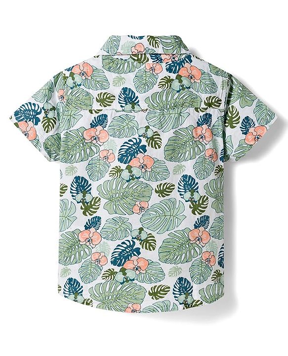 Babyhug Cotton Woven Half Sleeves Shirt & Denim Shorts Set with Tropical Theme Print - Blue