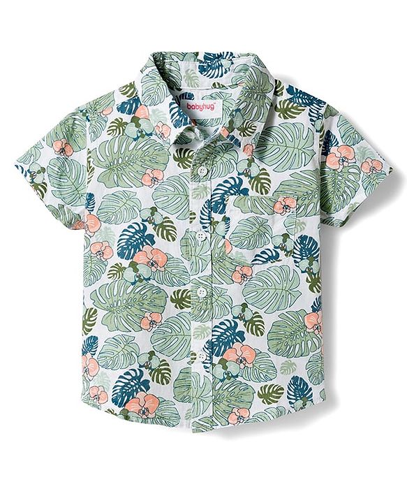 Babyhug Cotton Woven Half Sleeves Shirt & Denim Shorts Set with Tropical Theme Print - Blue