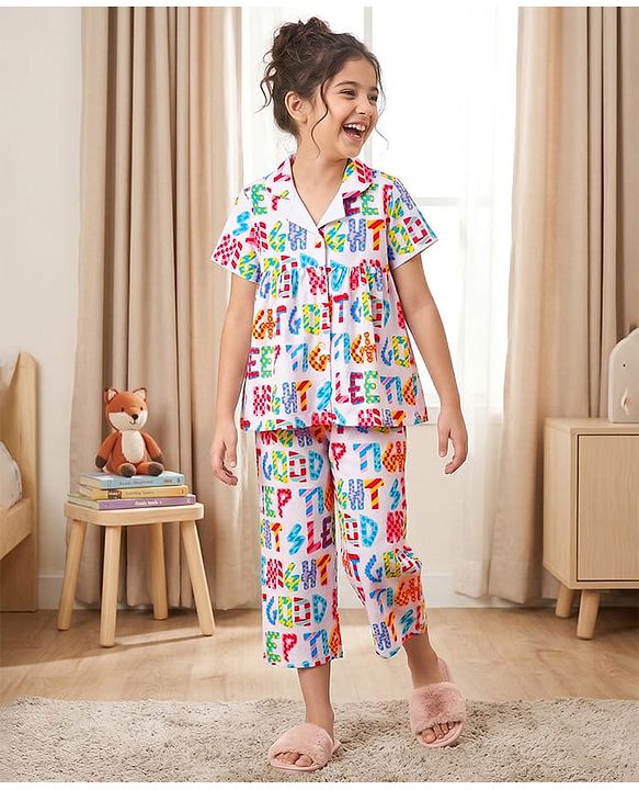 Pine Kids Cotton Knit Half Sleeves Co-Ord Top & Pyjama Capri Set Printed Night-Suit - Multicolor