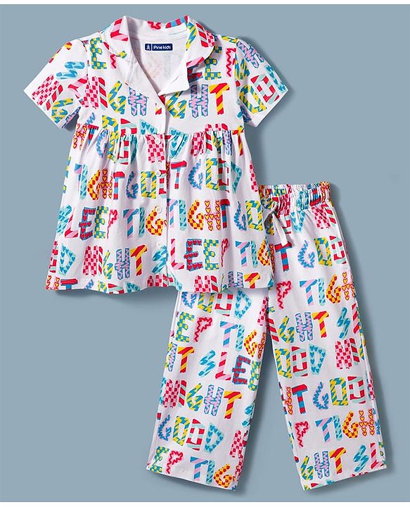 Pine Kids Cotton Knit Half Sleeves Co-Ord Top & Pyjama Capri Set Printed Night-Suit - Multicolor