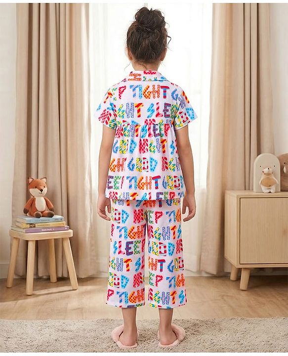Pine Kids Cotton Knit Half Sleeves Co-Ord Top & Pyjama Capri Set Printed Night-Suit - Multicolor