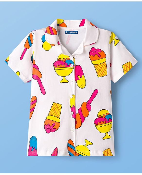 Pine Kids Cotton Knit Half Sleeves Shirt & Capri Co-ord Night Suit With Ice Cream Print - White