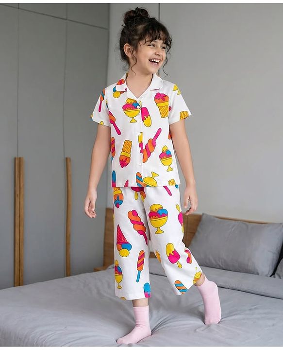 Pine Kids Cotton Knit Half Sleeves Shirt & Capri Co-ord Night Suit With Ice Cream Print - White