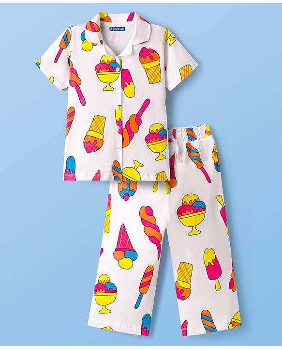 Pine Kids Cotton Knit Half Sleeves Shirt & Capri Co-ord Night Suit With Ice Cream Print - White
