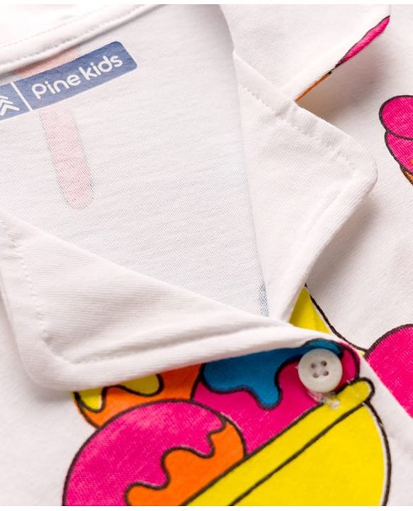 Pine Kids Cotton Knit Half Sleeves Shirt & Capri Co-ord Night Suit With Ice Cream Print - White