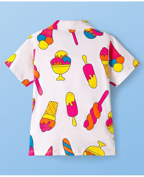 Pine Kids Cotton Knit Half Sleeves Shirt & Capri Co-ord Night Suit With Ice Cream Print - White