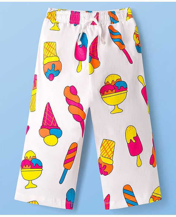 Pine Kids Cotton Knit Half Sleeves Shirt & Capri Co-ord Night Suit With Ice Cream Print - White