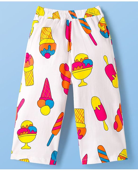 Pine Kids Cotton Knit Half Sleeves Shirt & Capri Co-ord Night Suit With Ice Cream Print - White