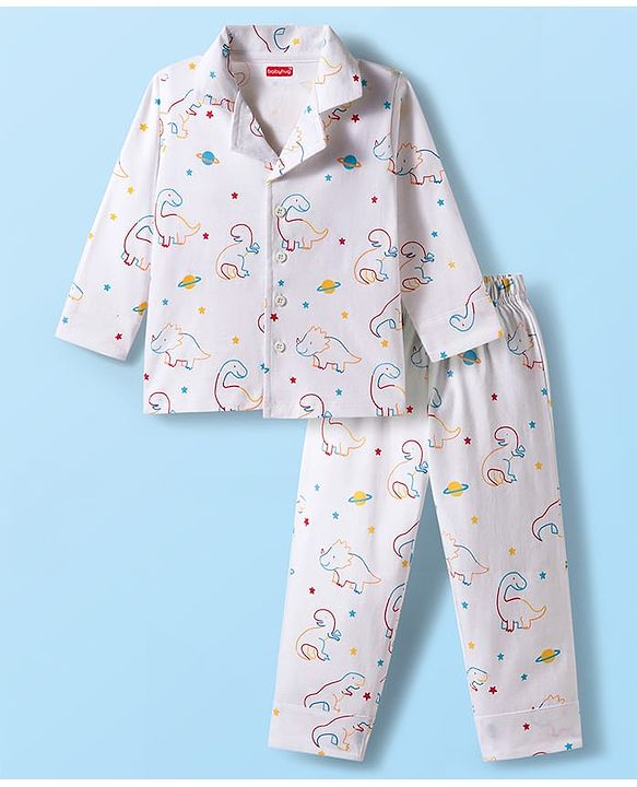 Babyhug 100% Cotton Knit Full Sleeves Co-ords Night Suit With Dino Print - White