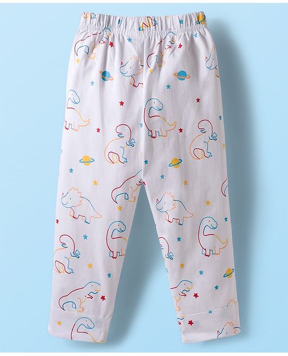 Babyhug 100% Cotton Knit Full Sleeves Co-ords Night Suit With Dino Print - White