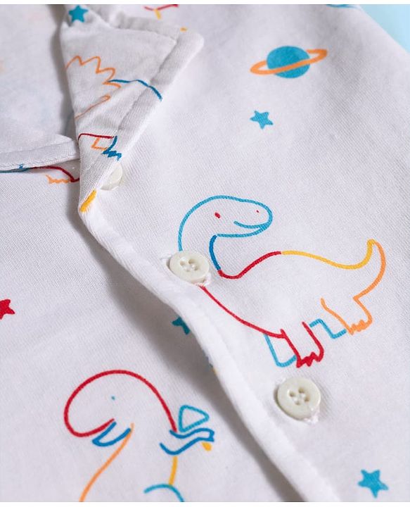 Babyhug 100% Cotton Knit Full Sleeves Co-ords Night Suit With Dino Print - White
