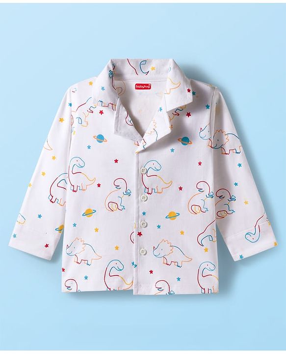 Babyhug 100% Cotton Knit Full Sleeves Co-ords Night Suit With Dino Print - White