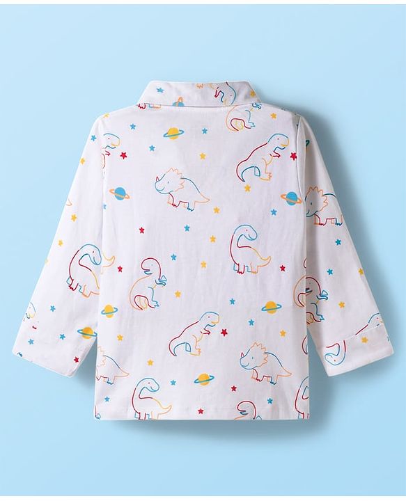 Babyhug 100% Cotton Knit Full Sleeves Co-ords Night Suit With Dino Print - White