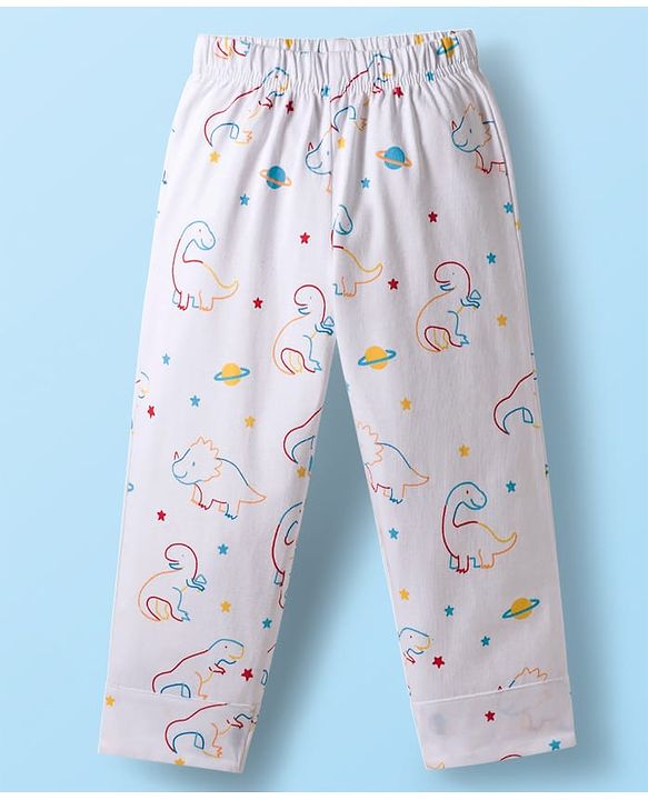 Babyhug 100% Cotton Knit Full Sleeves Co-ords Night Suit With Dino Print - White