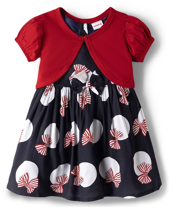 Babyhug Cotton Woven Frock & Half Sleeves Shrug With Bow Print - Multicolor