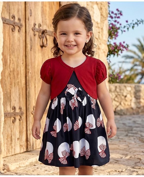 Babyhug Cotton Woven Frock & Half Sleeves Shrug With Bow Print - Multicolor