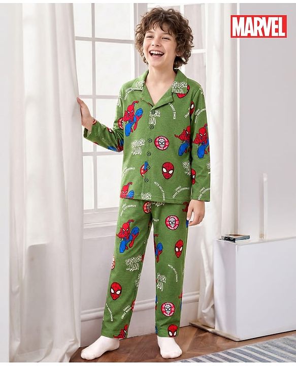 Pine Kids Marvel Single Jersey Knit Full Sleeves Co-ord Night Suit With Spider-Man Print - Green
