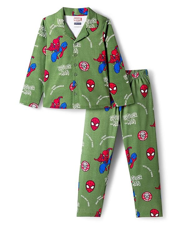 Pine Kids Marvel Single Jersey Knit Full Sleeves Co-ord Night Suit With Spider-Man Print - Green
