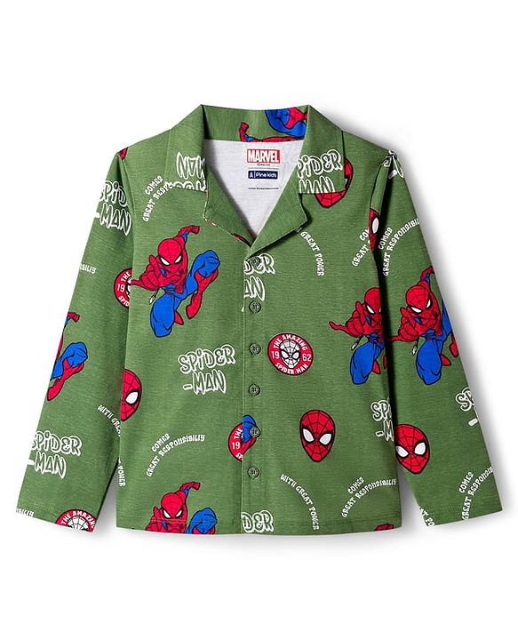 Pine Kids Marvel Single Jersey Knit Full Sleeves Co-ord Night Suit With Spider-Man Print - Green