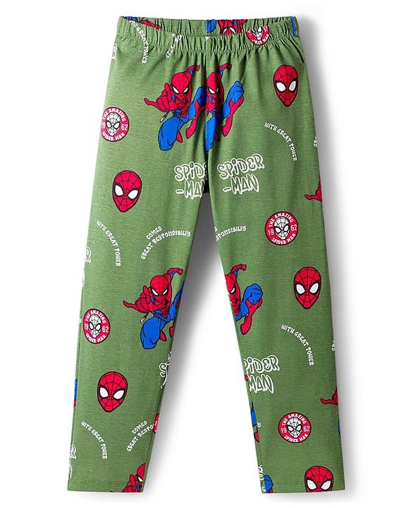 Pine Kids Marvel Single Jersey Knit Full Sleeves Co-ord Night Suit With Spider-Man Print - Green