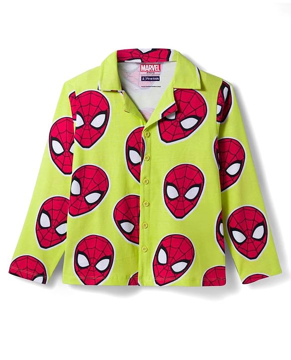 Pine Kids Marvel Single Jersey Knit Full Sleeves Co-ord Night Suit With Spider-Man Print - Lime Green