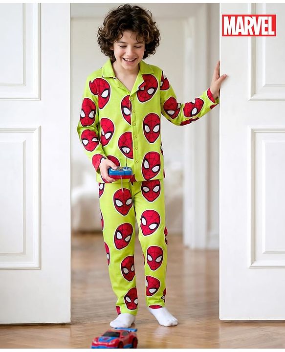 Pine Kids Marvel Single Jersey Knit Full Sleeves Co-ord Night Suit With Spider-Man Print - Lime Green