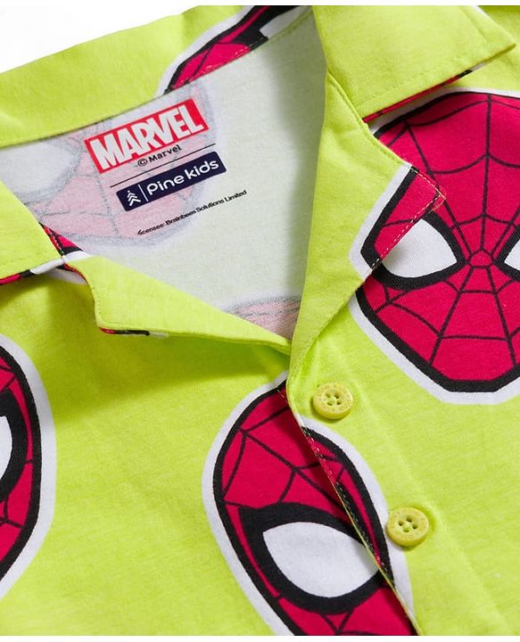 Pine Kids Marvel Single Jersey Knit Full Sleeves Co-ord Night Suit With Spider-Man Print - Lime Green