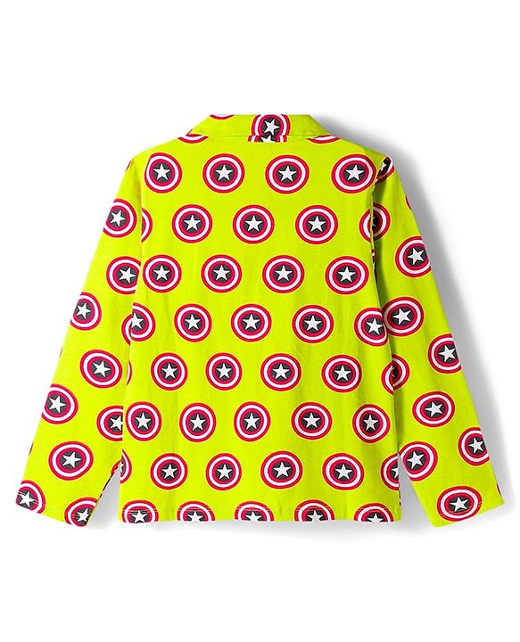 Pine Kids Marvel Single Jersey Knit Full Sleeves Co-ords Night Suit With Captain America Print - Light Green