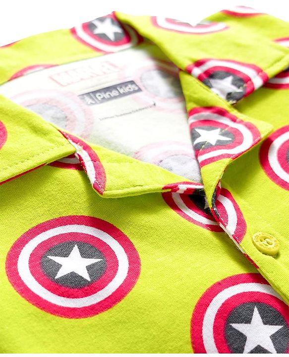 Pine Kids Marvel Single Jersey Knit Full Sleeves Co-ords Night Suit With Captain America Print - Light Green