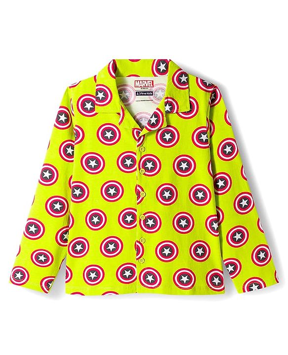 Pine Kids Marvel Single Jersey Knit Full Sleeves Co-ords Night Suit With Captain America Print - Light Green